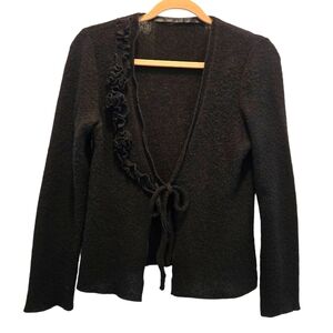 Vintage Y2K Sweater S/M Mohair Italy Cardigan Tie Front Ruffle Black Floral